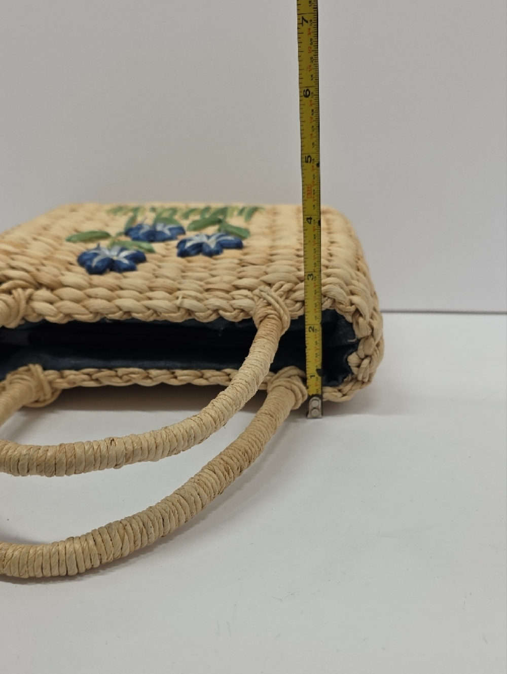 Woven Straw Bag with Blue Floral Accent-*Flaw Inside Side Pkt Zipper/fabric - Picture 5 of 9